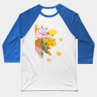 Multicoloured Floral design illustration pattern with gold metallic paint splatter Baseball T-Shirt